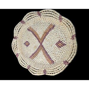 Vintage Woven Coiled Grass Oval Basket Tray Natural Brown Rattan Tribal Boho